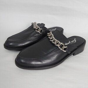 Free People Preppy Silver Link Chain Vida Mules Size 38 EU Black Leather Slip-On